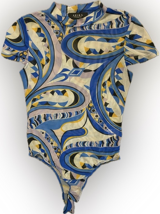 AKIRA Tops - Women’s Mesh see-through shirt, size medium, Blue Abstract Print Bodysuit